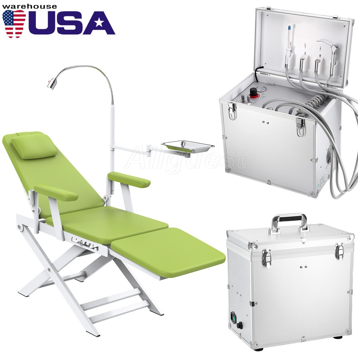 Portable Dental Delivery Unit Air Compressor Syringe Suction/Chair 4 Hole Green