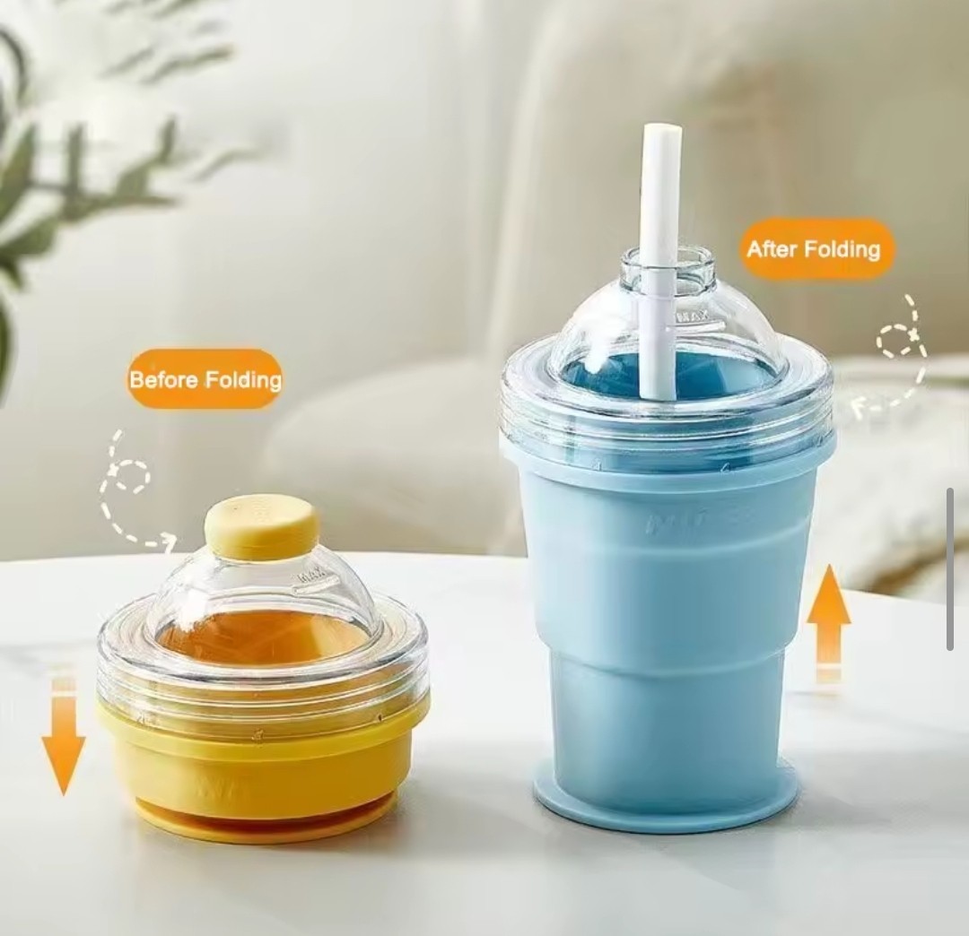 Collapsible Ice Ball Maker Cup Silicone Portable Straw Lid Drink Bottle