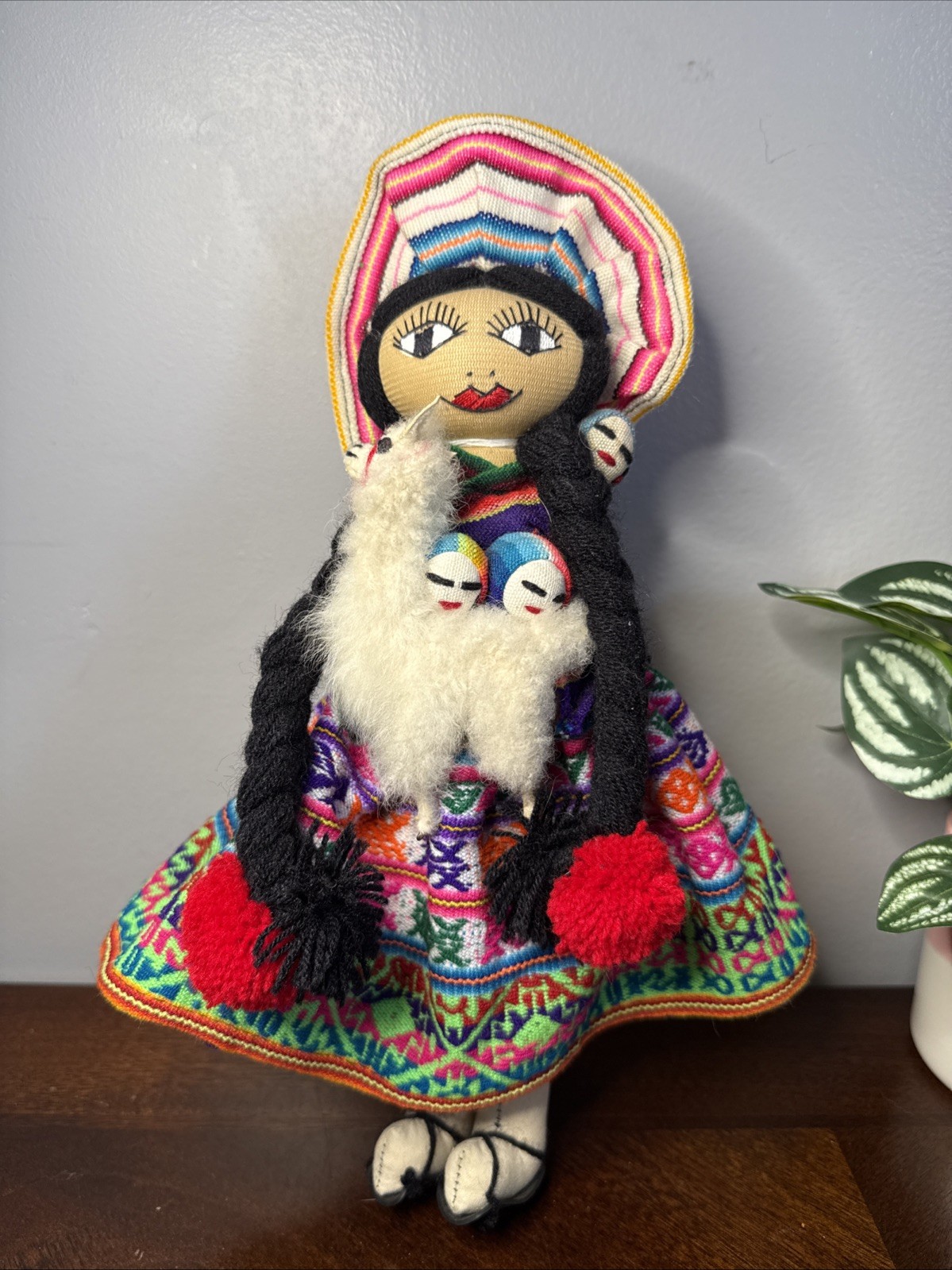 Vintage Peruvian Handmade Folk Art Doll w/ Babies & Llama Peru