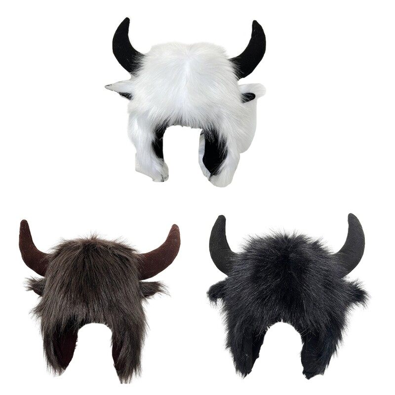Furry Hat with Horns for Winter Wear and Outdoor Activities Halloween Party