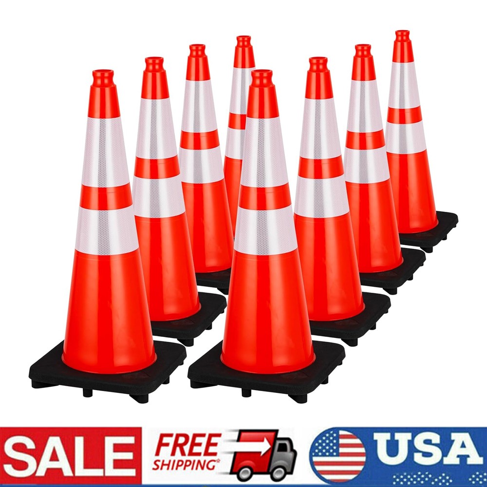 8/10PCS 28IN PVC Traffic Cones, Black Base Construction w/ Reflective Collars