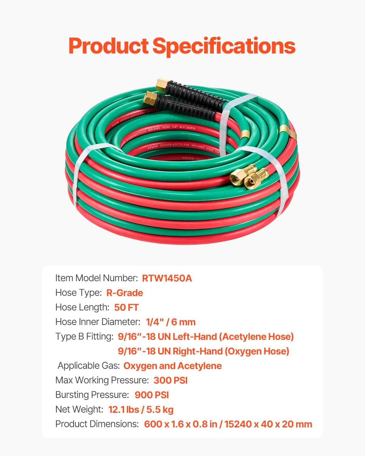 Oxygen Acetylene Hose, 1/4-Inch X 50FT Oxy Acetylene Hose with 9/16"-18 LH/RH B