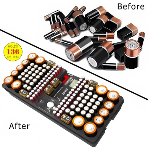 Battery Organizer Storage Case with Tester, Stores & Holds 136 Batteries