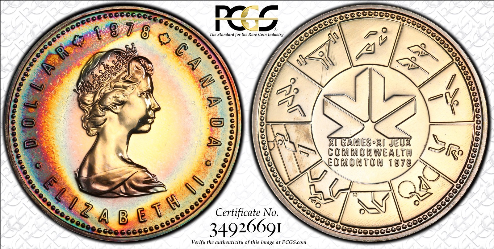 1978 S$1 Commonwealth Games Canada Dollar PCGS SP64 Rainbow Cats Eye Toning