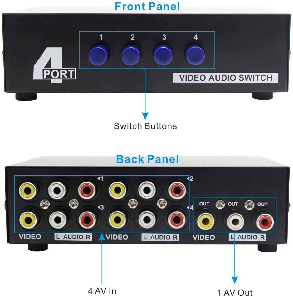 Panlong 4-Way AV Switch RCA Switcher 4 in 1 Out Composite Video 4 In 1