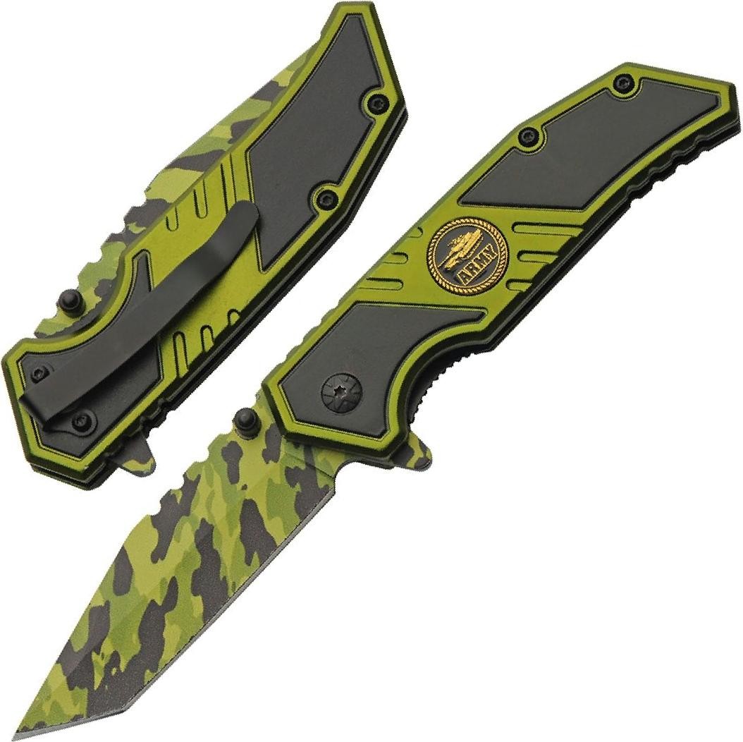Spring-Assist Pocket Folding Knife | 3.5in Green Camo Tanto Blade Army Tank