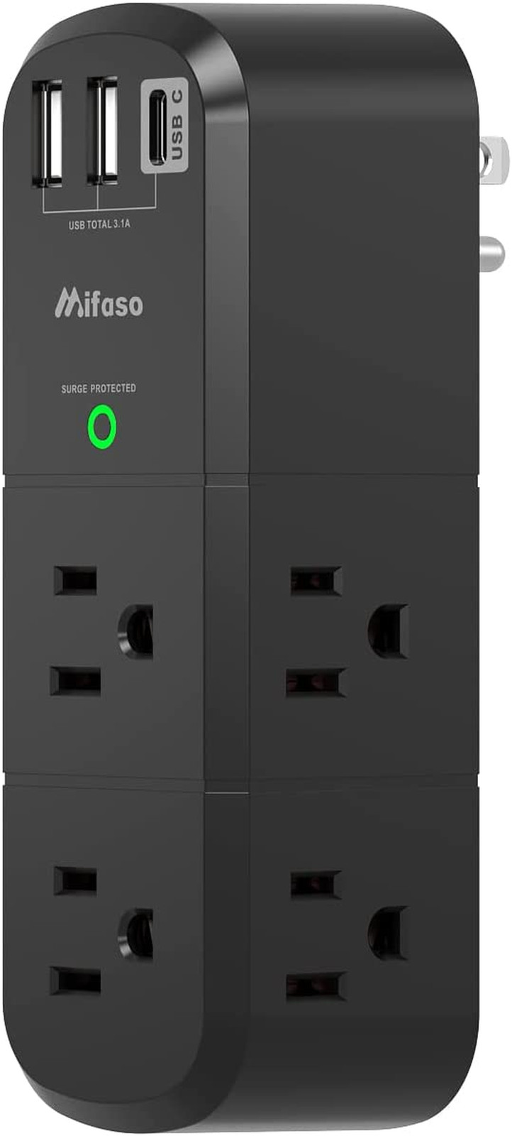 USB Outlet Extender Surge Protector - with Rotating Plug, 1800 Joules, 6 AC Mult