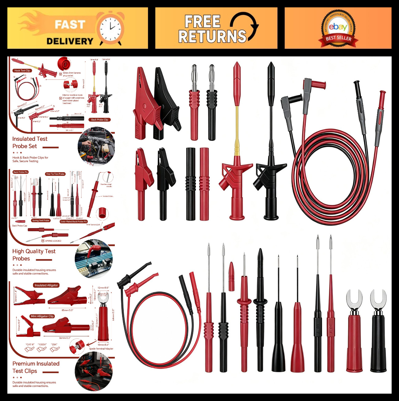 24Pcs Multimeter Test Leads Kit - Soft Silicone Probes, Alligator Clips & Hooks