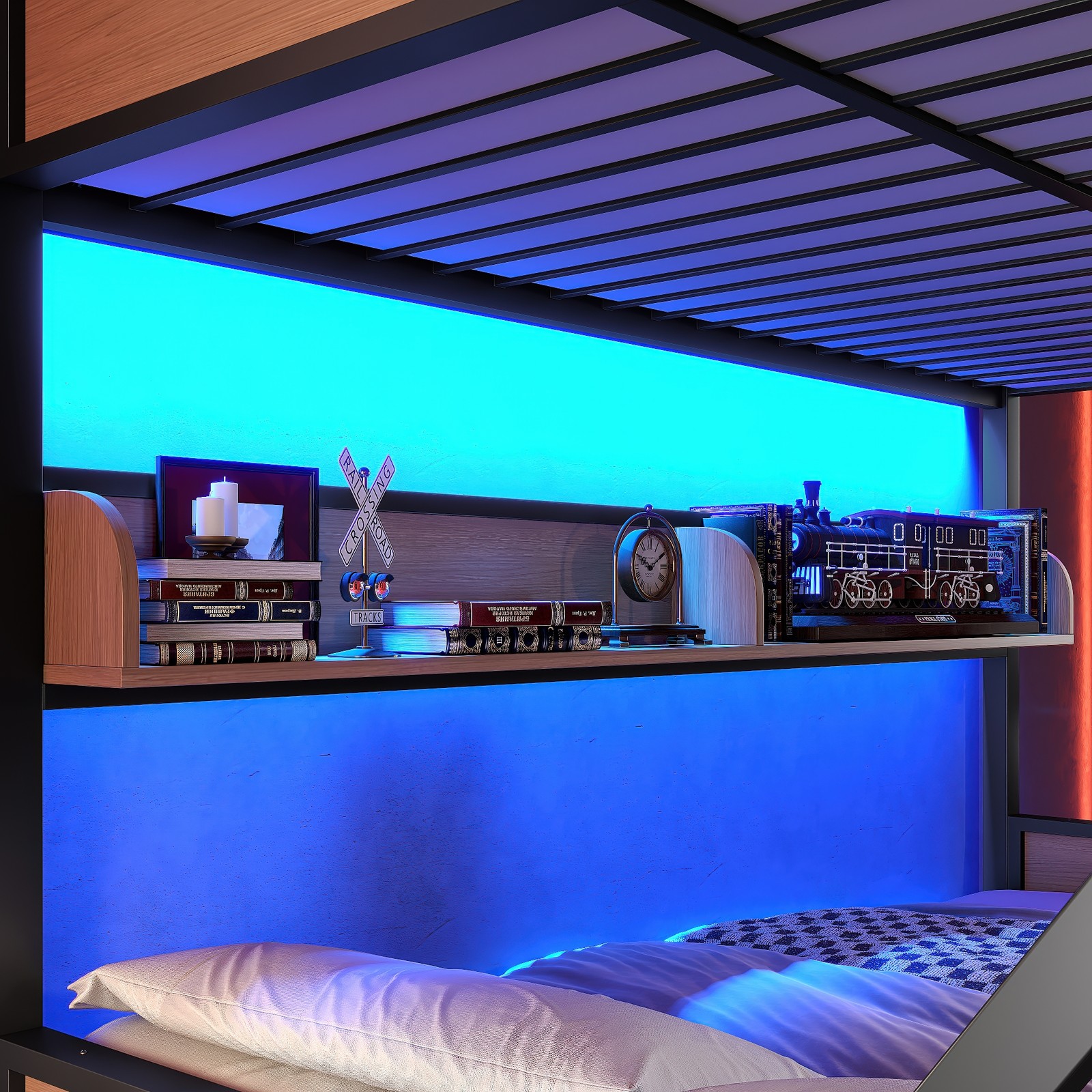 Metal Full over Full Bunk Bed with Storage Shelves Lights Space-saving Black New