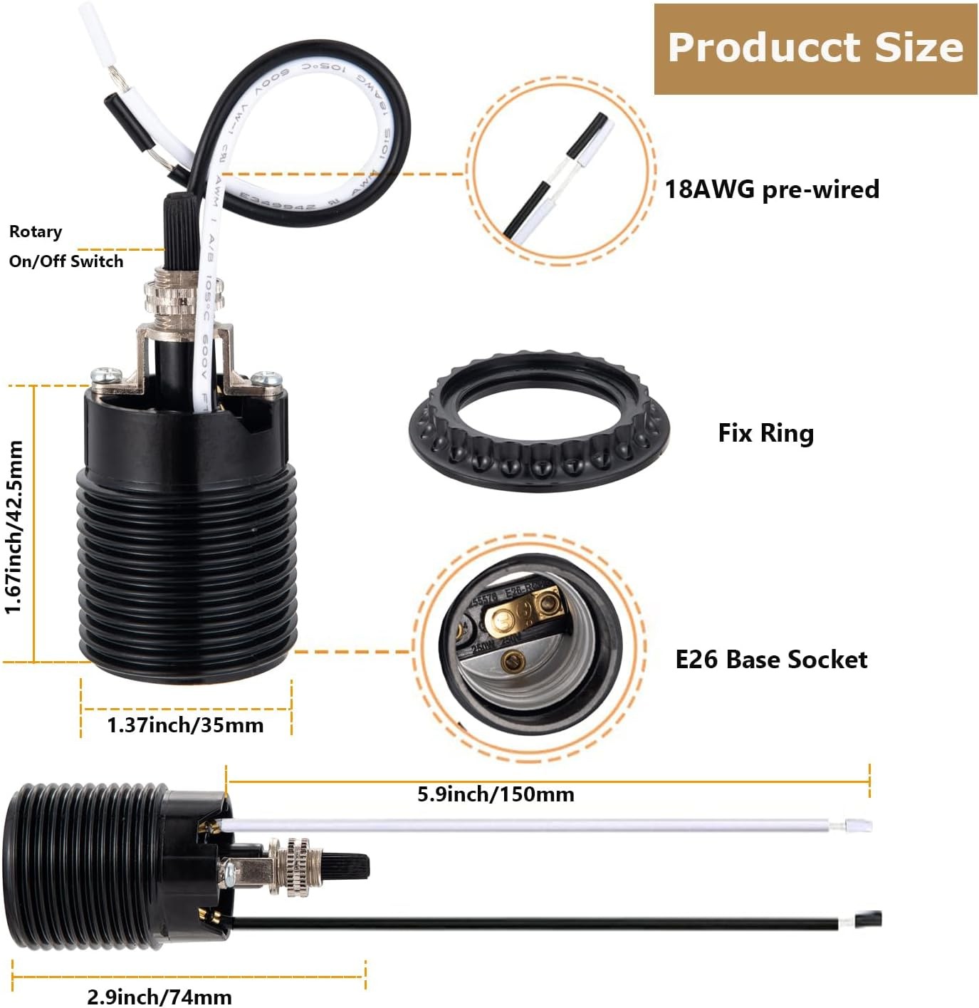 Phenolic (Bakelite) Threaded Medium Base E26 Fixture Socket with 10cm Wire, T...