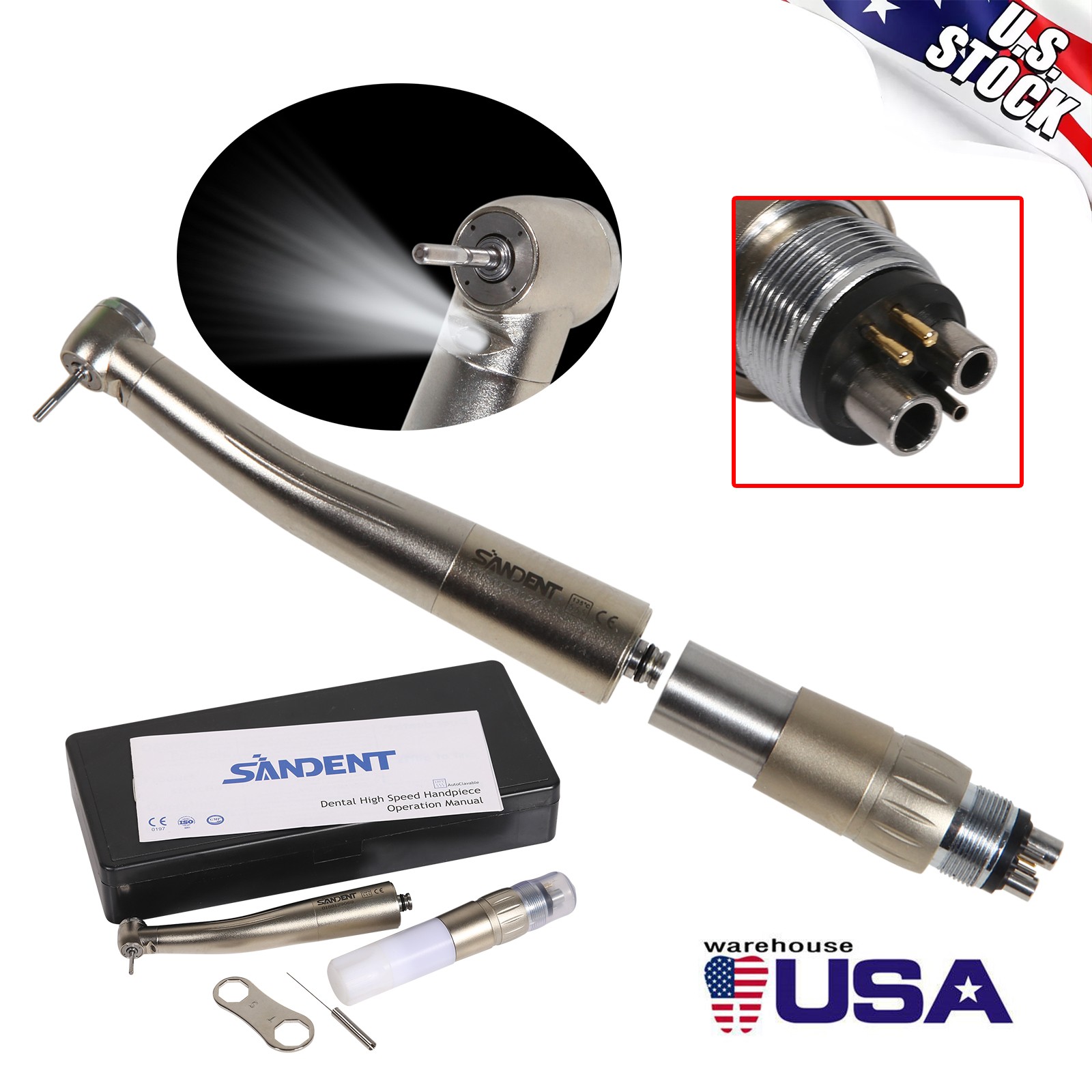 SANDENT Dental Fiber Optic LED Push Handpiece 4 spray / 6Hole Coupler For NSK DL