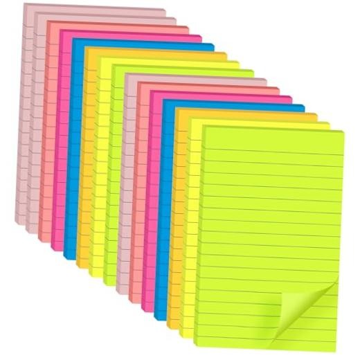 Lined Sticky Notes 4 x 6 Inches, 15 Pads, 375 Sheets Total, 7 Bright Colors,