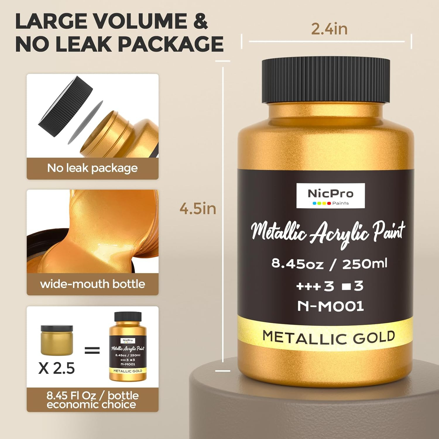 Nicpro Metallic Gold Acrylic Paint, 8.45Oz/250Ml Large Gold Leaf Paint, Non Toxi