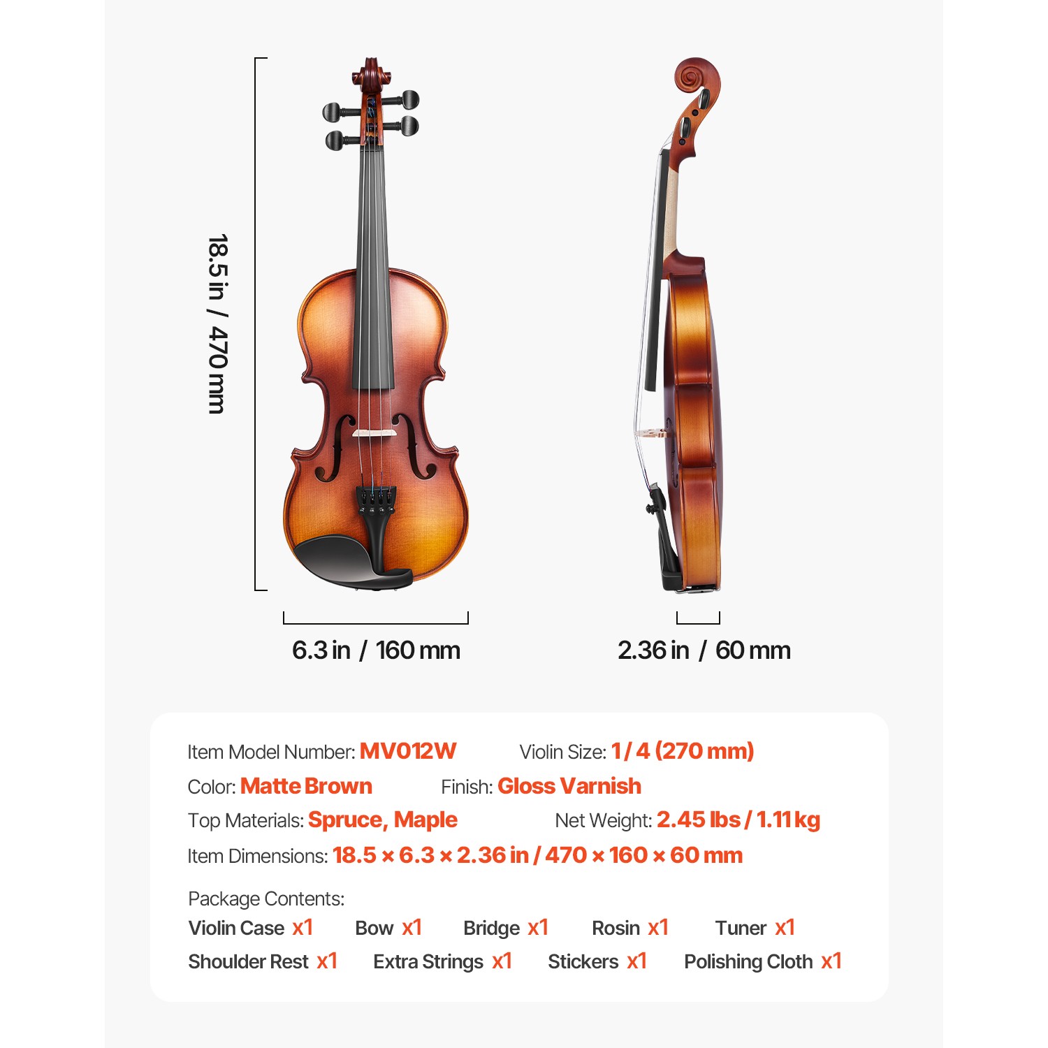 Violin 1/4 Size Fiddle Set Solidwood for Beginners with Case Rosin Brown