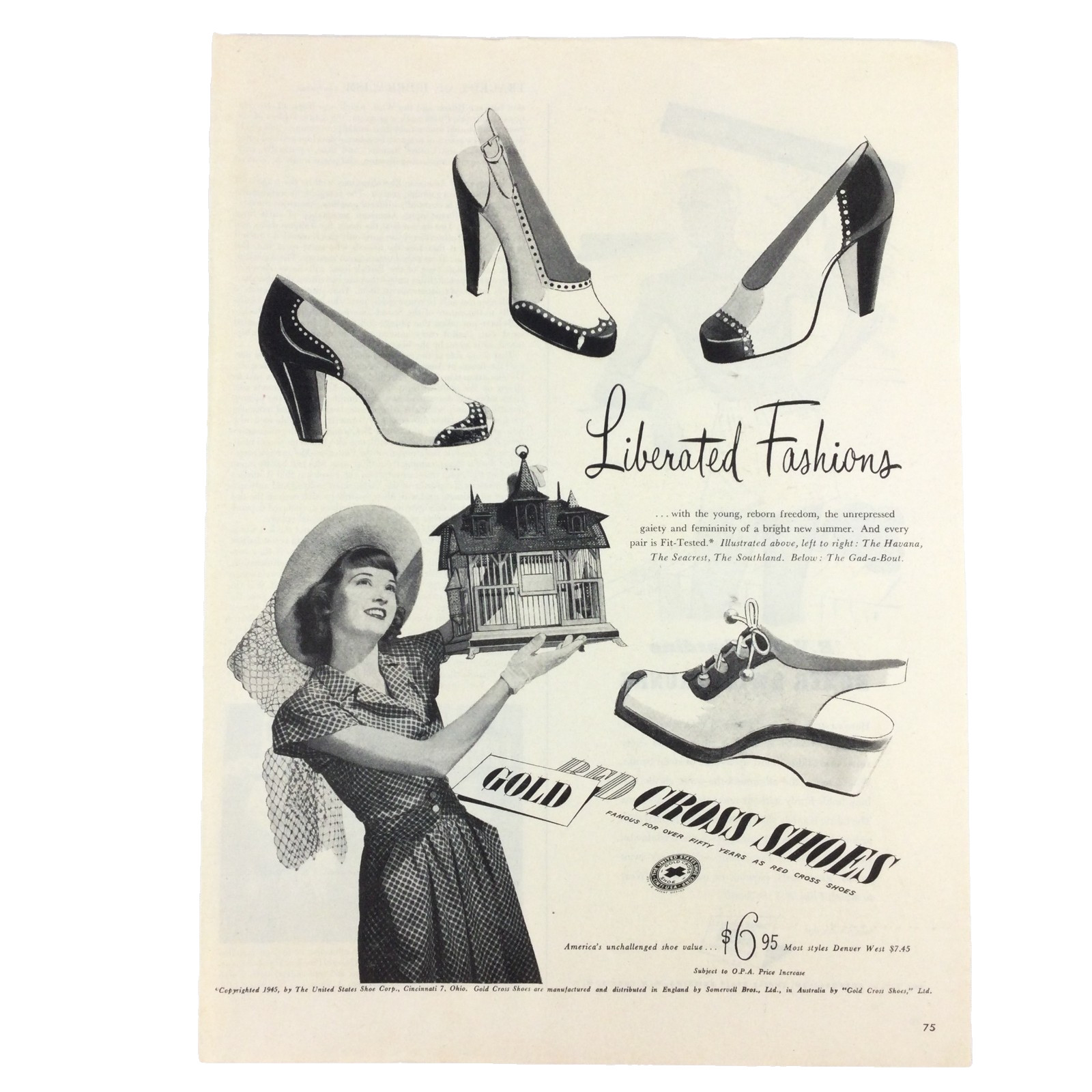 1946 Gold Red Cross Shoes VTG PRINT AD Oxford Wingtip Two Tone Pump Heels Havana