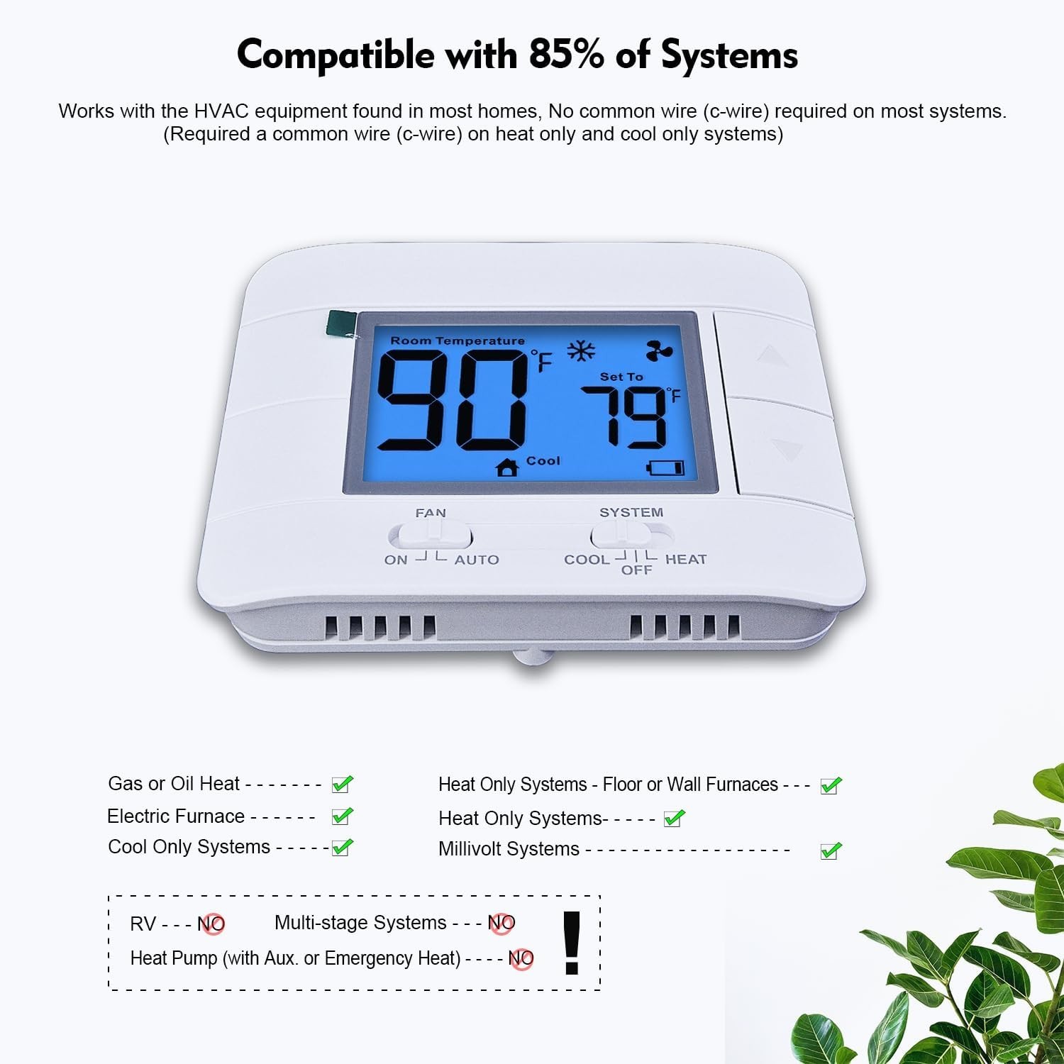 Single Stage 1H/1C Thermostat - Large LCD with Temperature & Humidity Display