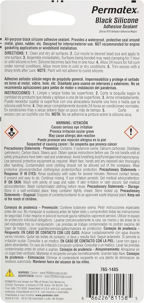 Permatex 81158 Black Silicone Adhesive Sealant, 3 oz. Tube, Pack of 1
