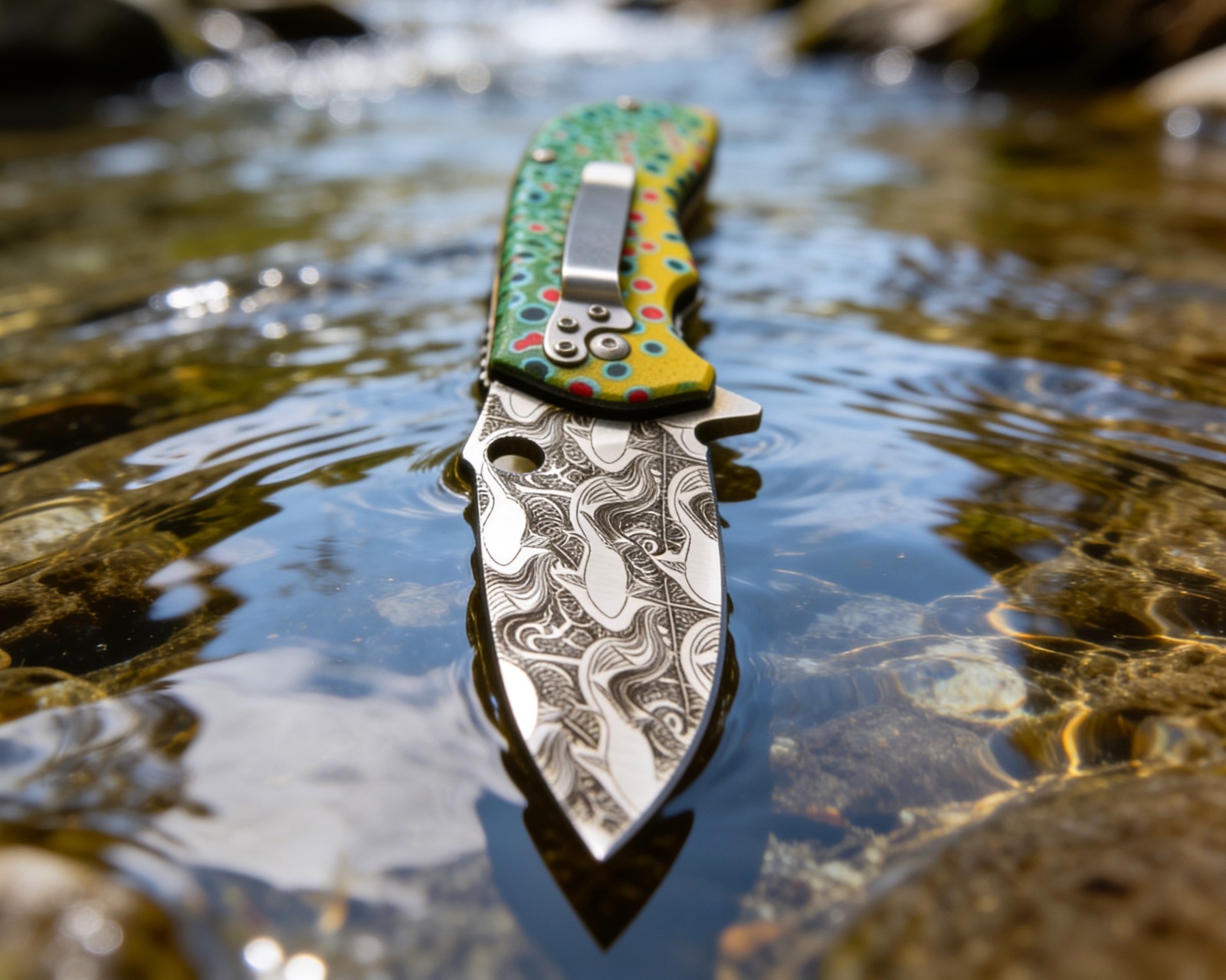 Graywolf TroutBack Folding - Pocket Knife - Damascus‑Etched Trout Edition Blade