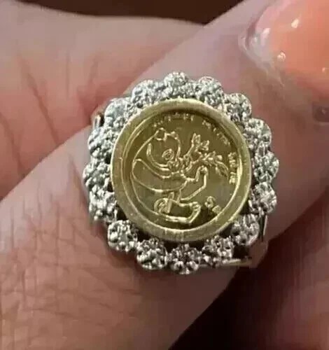 2Ct Round Lab Created Diamond Chinese Panda Bear Coin Ring 14k Yellow Gold Over