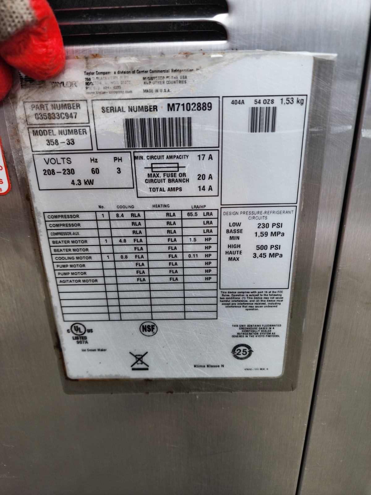 2017 Taylor 358-33 Thick Shake Freezer 3 PHASE 208-230 VOLTAGE