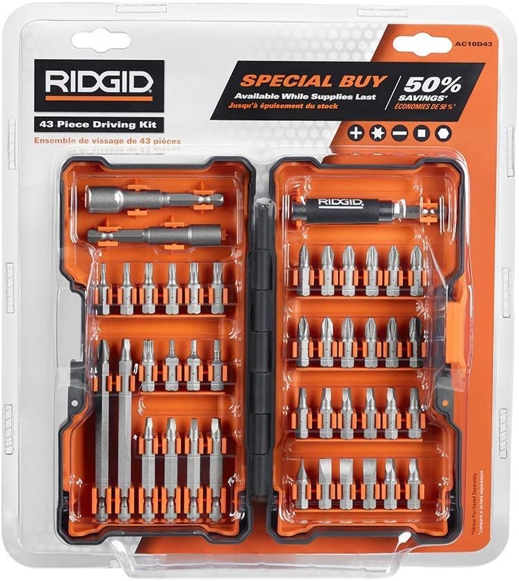 RIDGID 43-Piece Driving Bit Set with Hard Case – AC10D43, Alloy Steel Bits