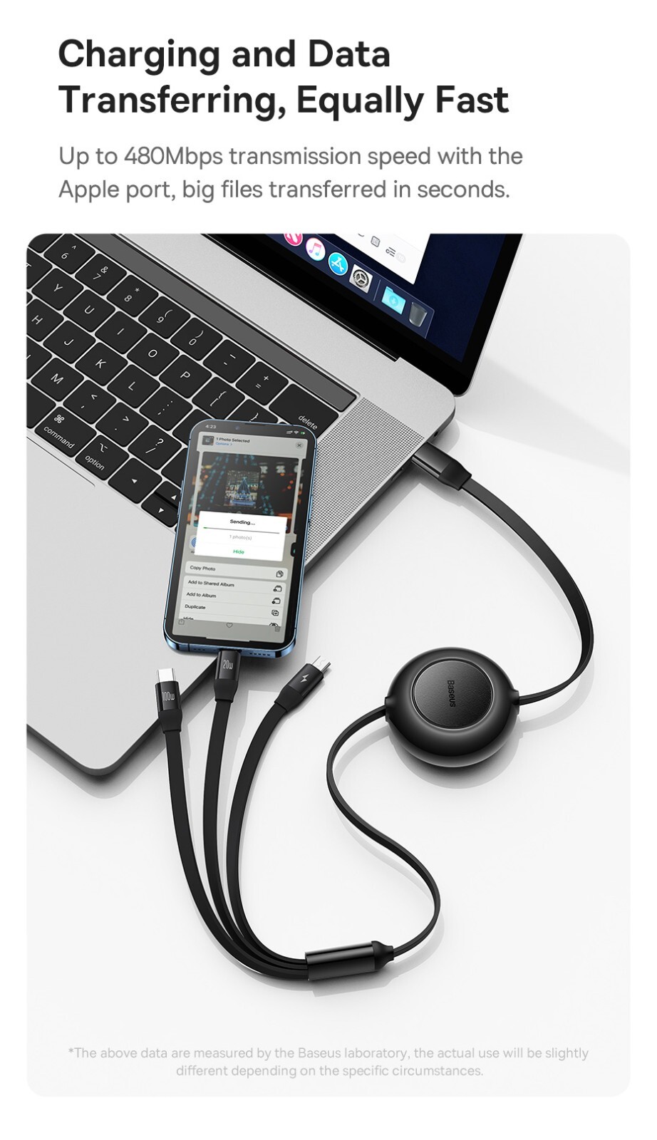 Baseus Retractable 3in1 USB-C Fast Charging Cable Line For iPhone Micro USB-C
