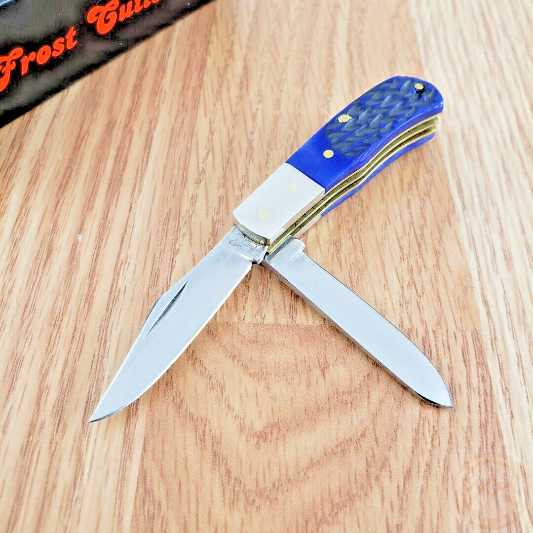 Frost Cutlery Jim Bowie Trapper Pocket Knife Stainless Blades Blue Bone Handle