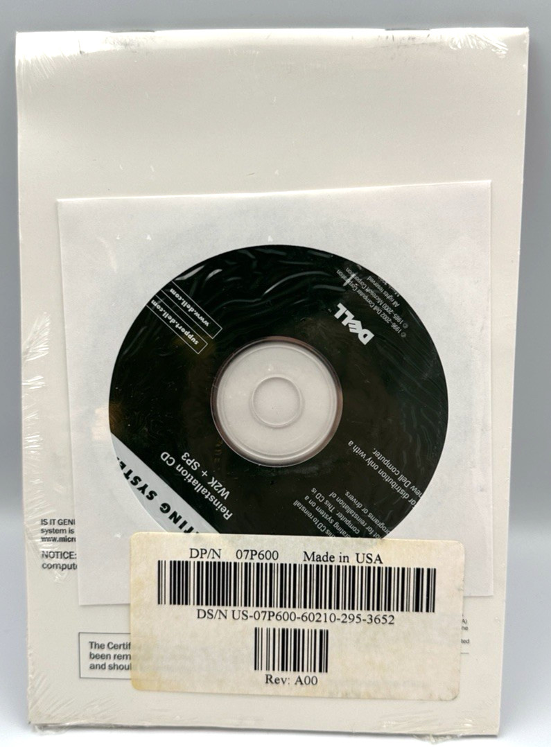 Microsoft Windows 2000 Professional W2K + SP3 Reinstallation CD Dell - Sealed!
