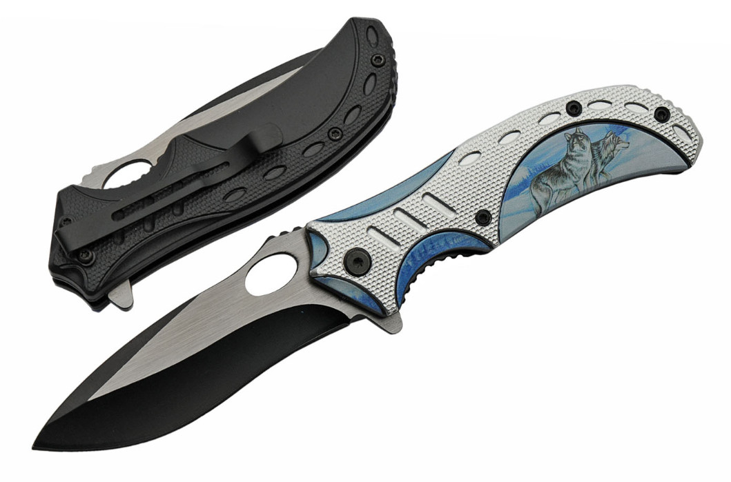 Spring-Assist Folding Knife | Blue Wolf Pocket Folder Clip Gift EDC 300490-WF