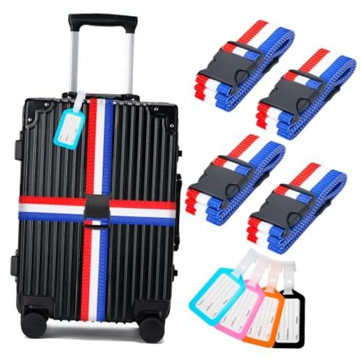 Luggage Straps and Tags Set for Suitcase, 4 Vibrant Color Straps Blue,red,white