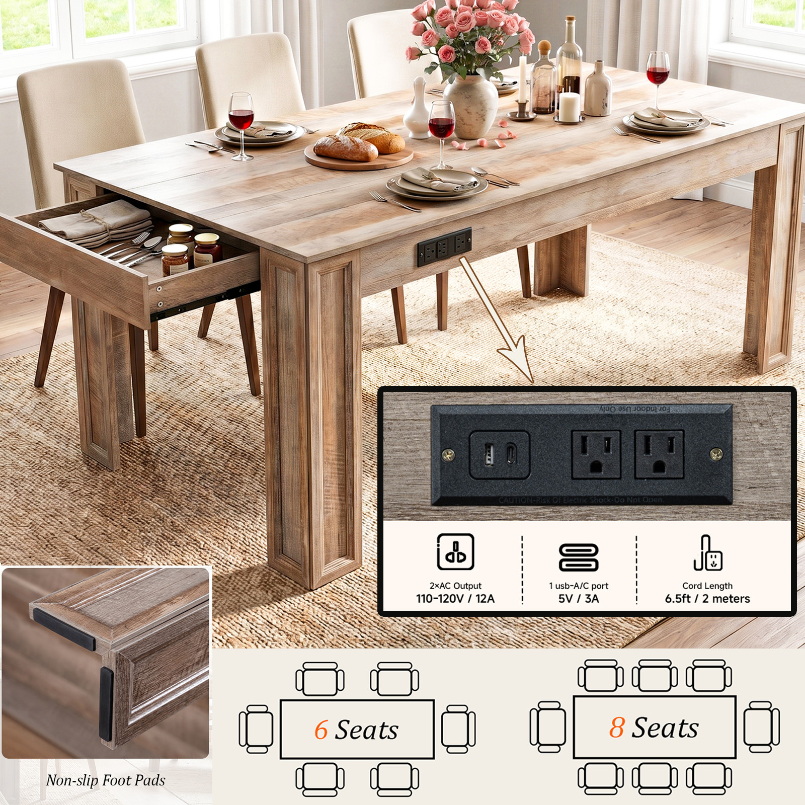 70" Rectangular Dining Table 6.5 ft w/ Charging Station & Drawer for 6-8 People
