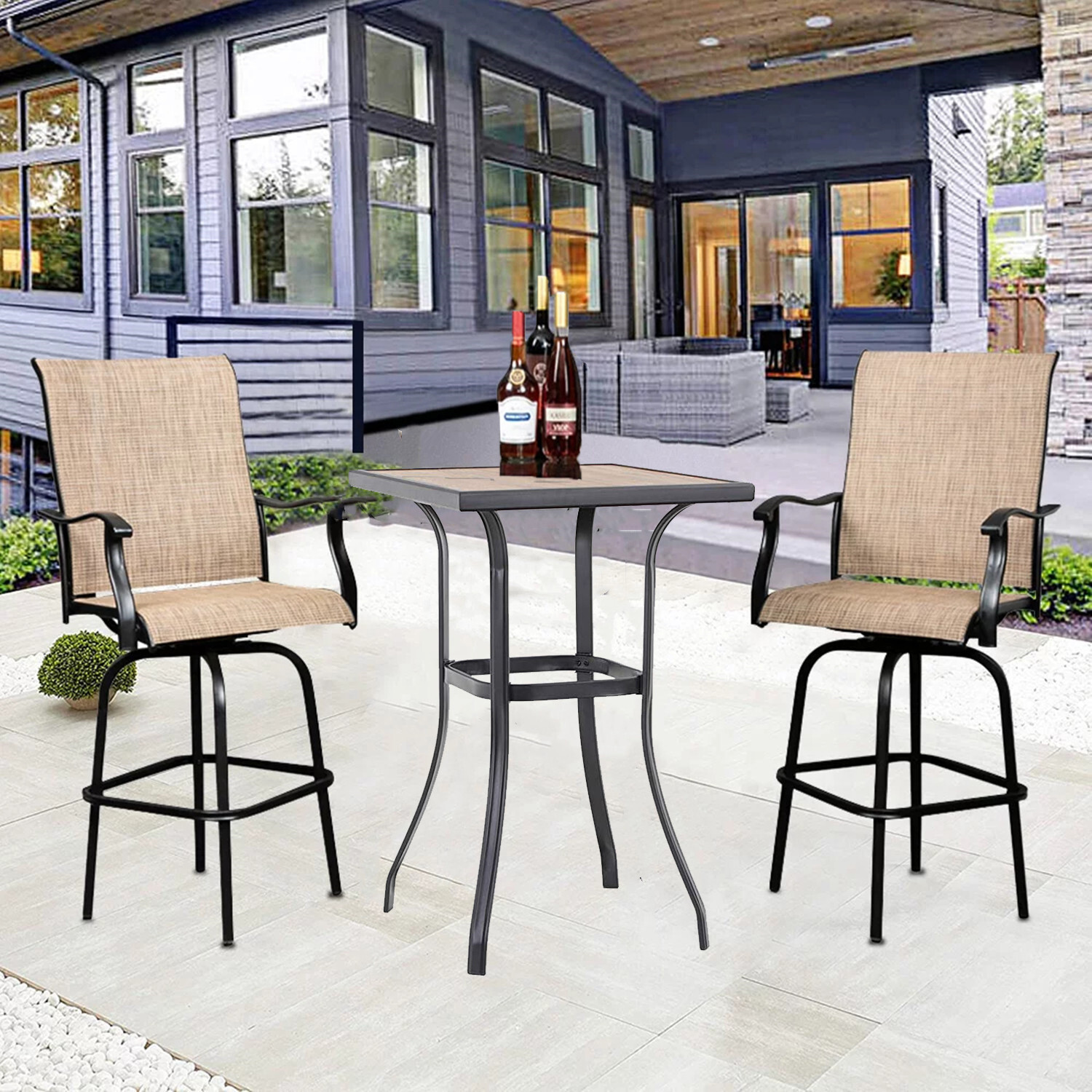 3 PCS Patio Swivel Bar Sets Textilene High Bistro Sets,2 Bar Stools &1 Bar Table