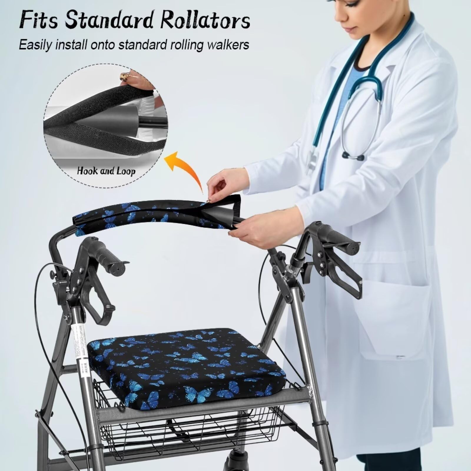 Blue Butterfly Rollator Seat Cushion Back Bar Cover Set Rollator Walker Acces...
