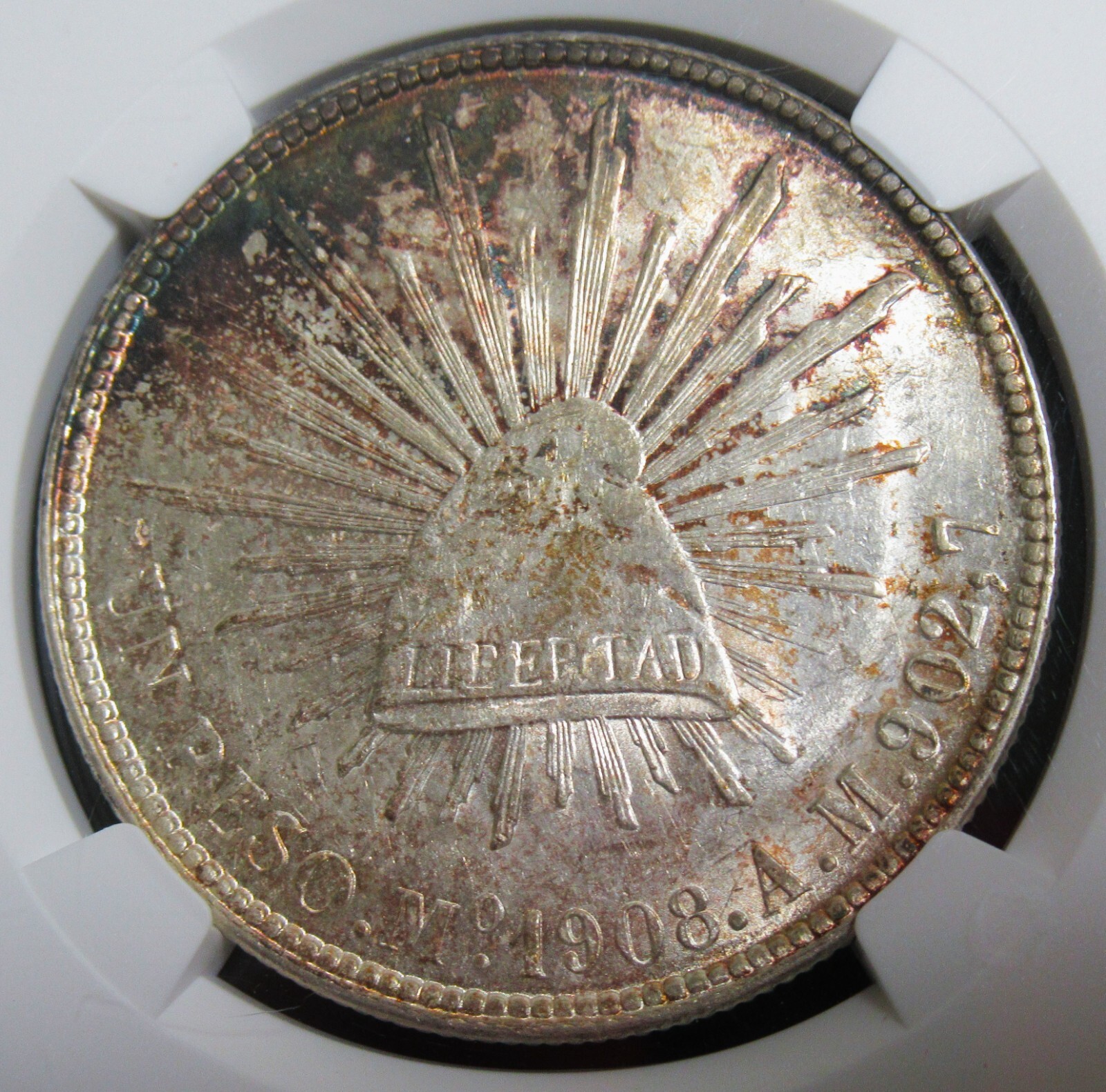 Mexico: Republic Peso 1908 Mo-AM MS62 NGC, Mexico City mint, KM409.2.