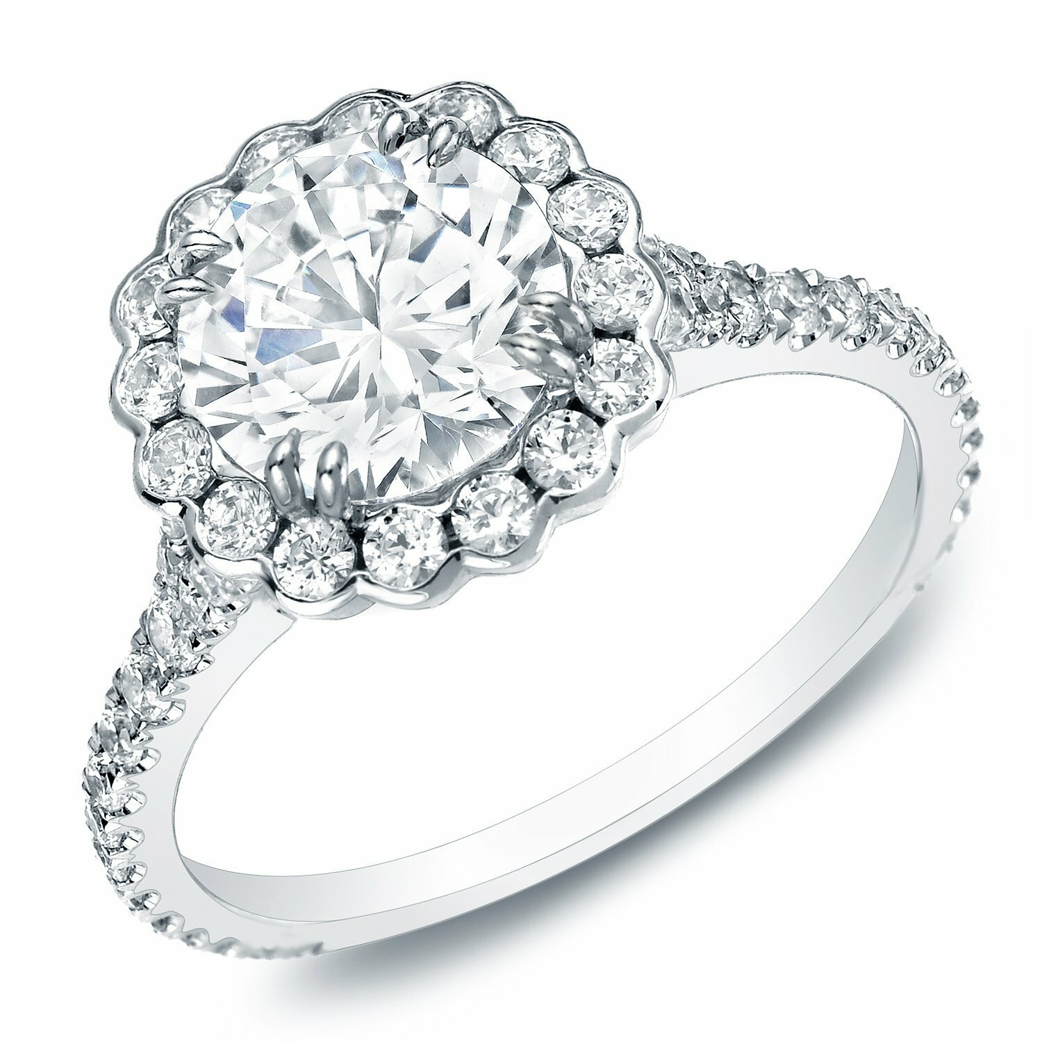2.5Ct Round Cut VVS1/D Simulated Diamond Halo Floral Ring 14K White Gold Plated