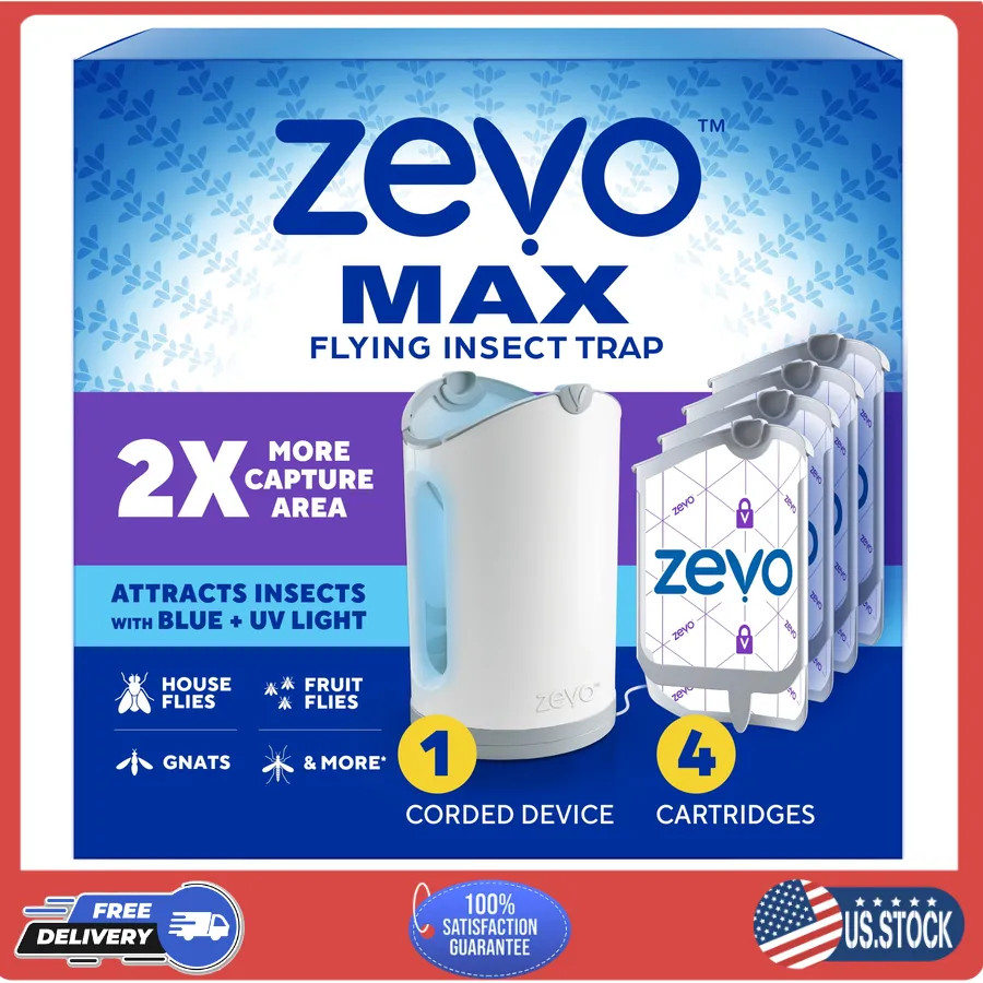 Zevo Max Flying Insect Trap 1 Plug In Device and 4 Refill Cartridges