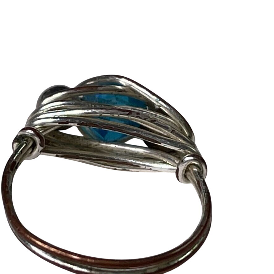 Silver Wire Wrapped Ring With Blue Glass Bead Metallic Accents u