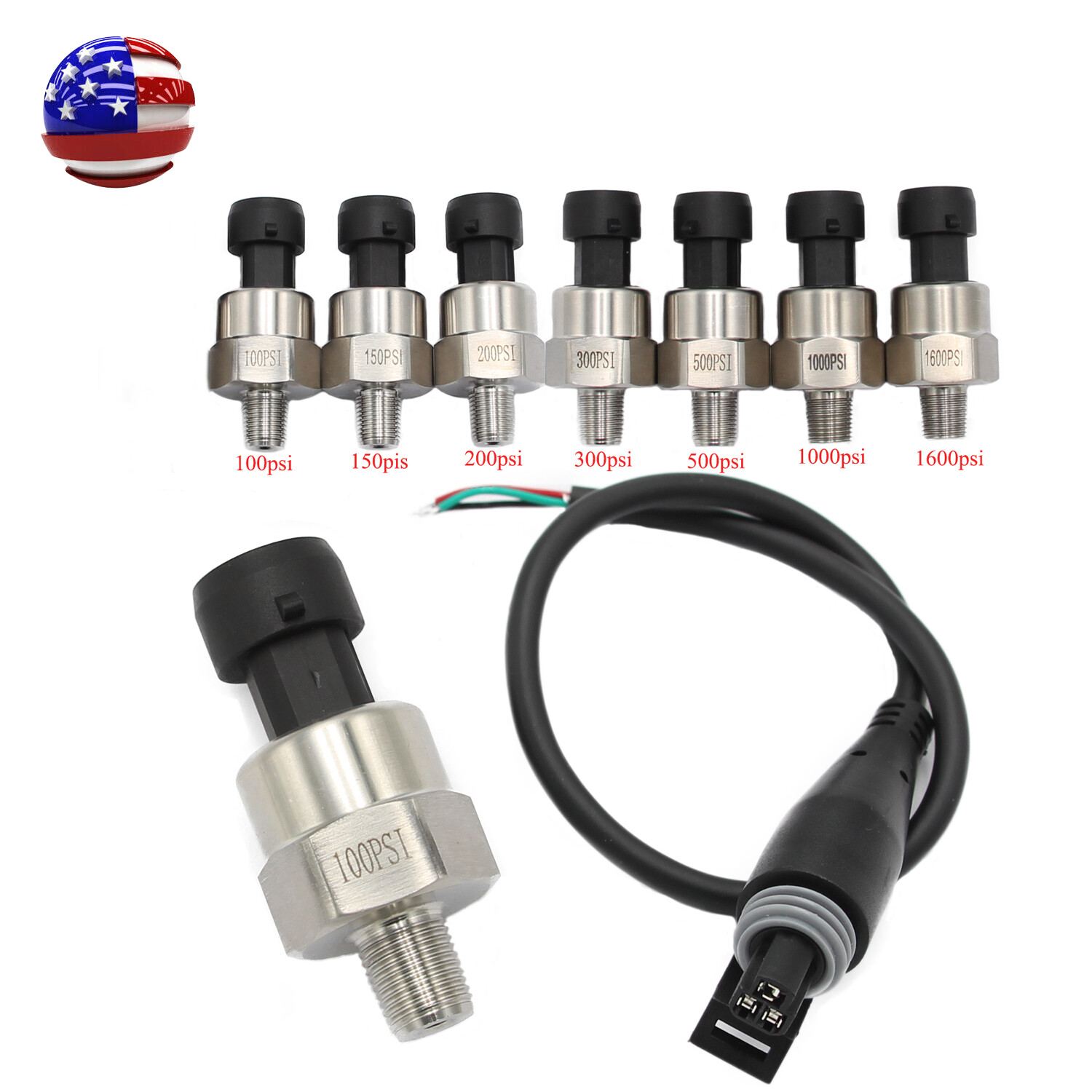 5V Fuel Pressure Transducer 100/150/200/300/500/1000/1600Psi for Oil Air Water