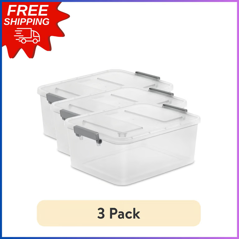 Modular Latching Storage Bin 12.7Qt, Clear Plastic Container, 3-Pack, Gray