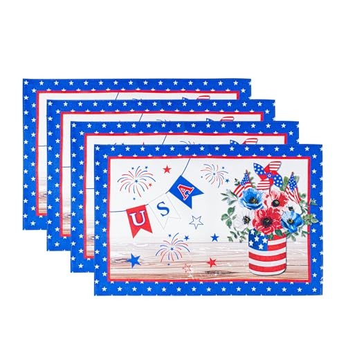 4th of July Placemats Set of 4, 12x18 Inch Patriotic Placemat America Flag