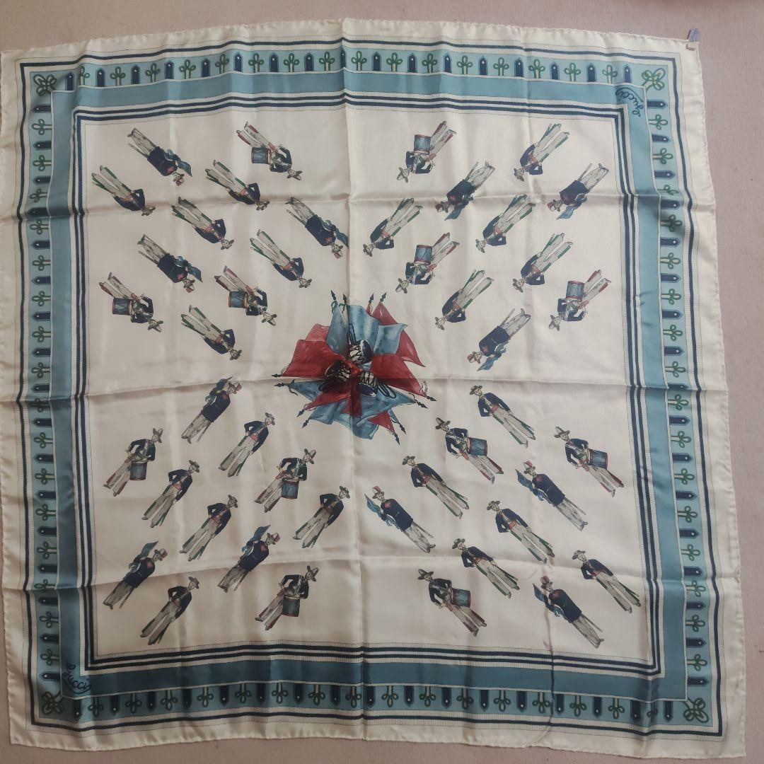 Authentic Gucci Scarf Vintage Soldier Illustration Silk 1960s Cream Blue