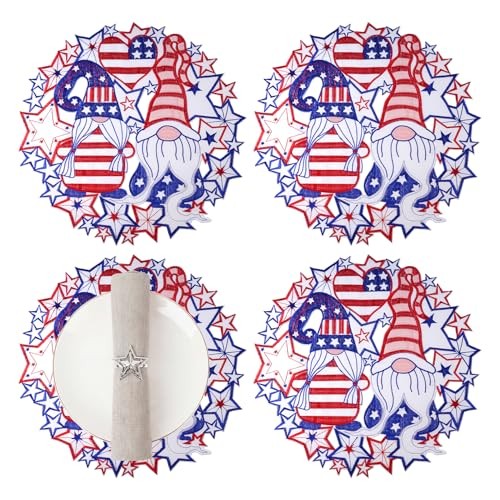 Ishua 4th of July Round Table Placements Set of 4 Embroidered Patriotic