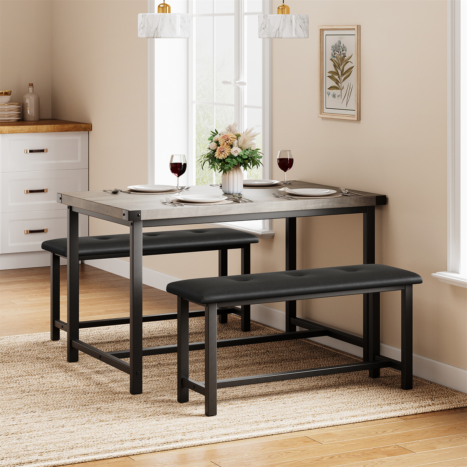 🔥🔥Dining Table Set Kitchen Table with 2 Upholstered Benches 3 Piece Dining Set
