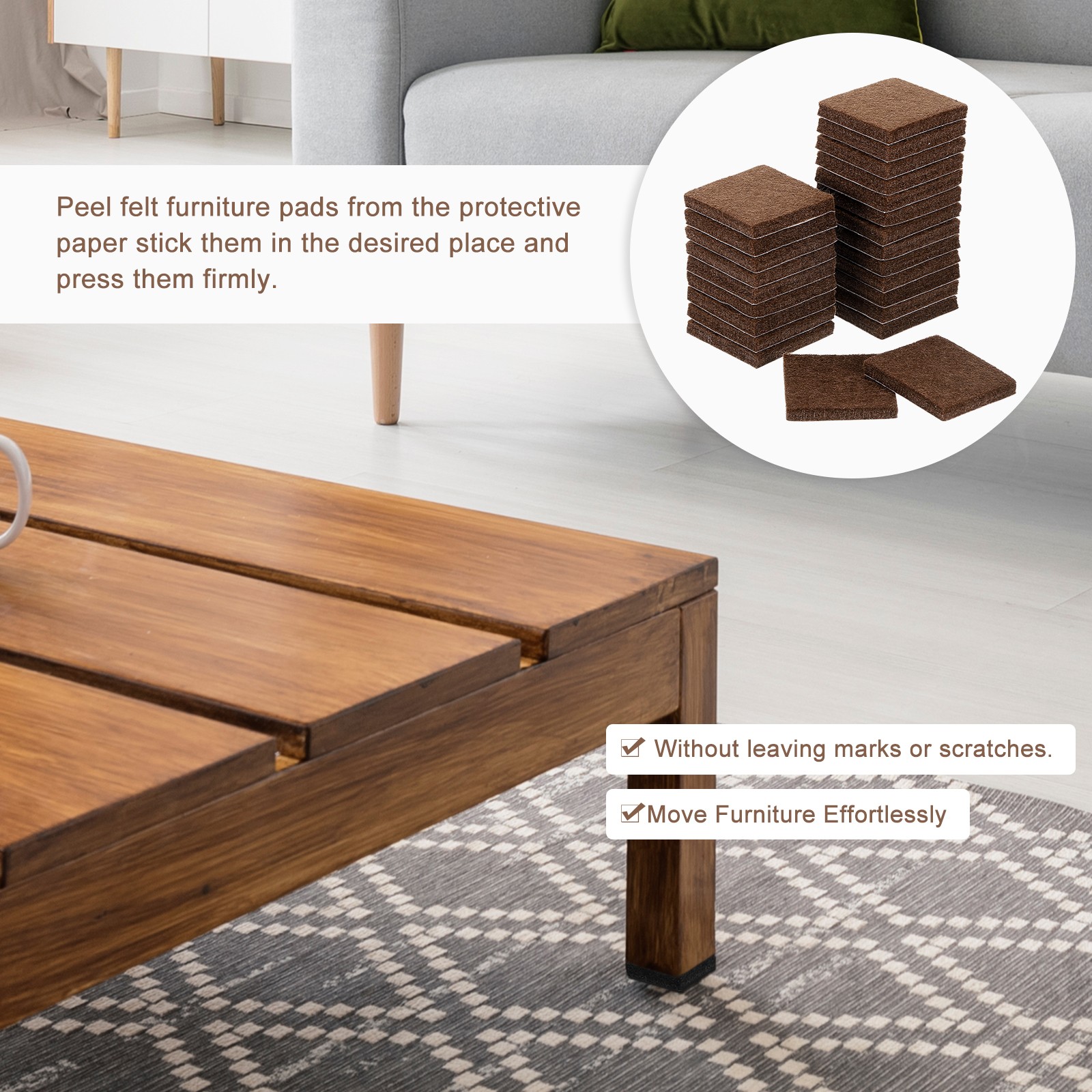 24Pcs Furniture Pads 1.25" Square Self Adhesive Felt Furniture Pads Brown