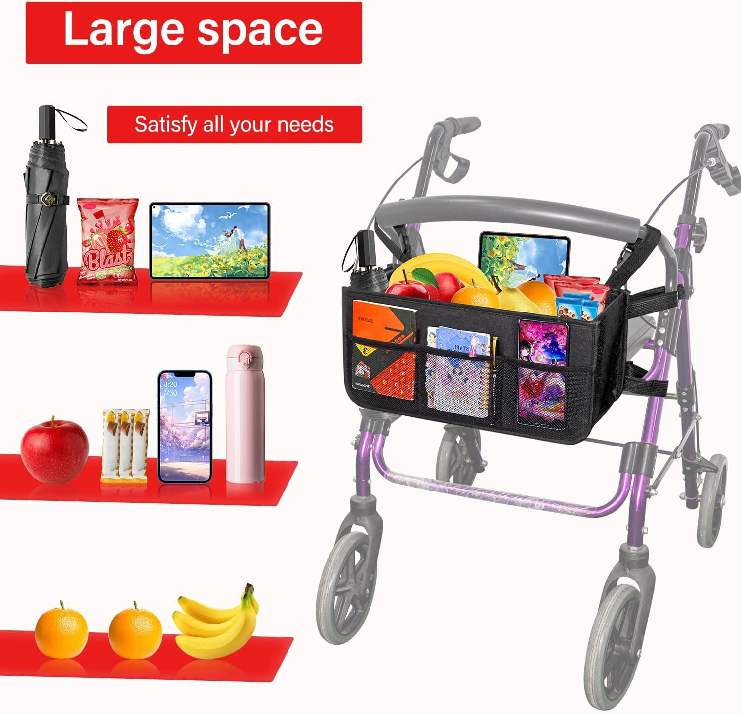 Upgrade Rollator Basket, Walker Basket Bag for Folding Walker Storage, Rollator