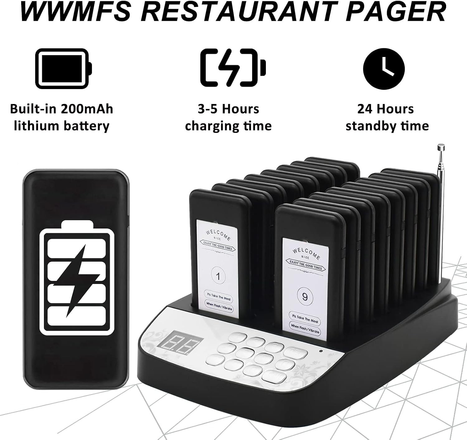 16-Unit Wireless Restaurant Pager System with Vibration and Flash Alert Modes