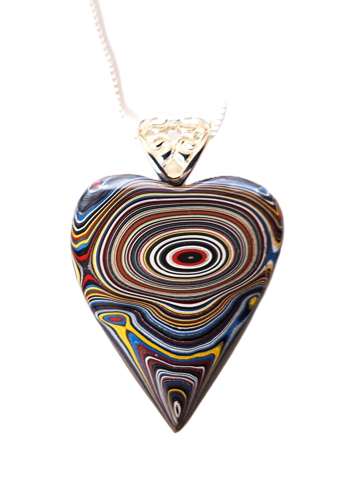20" Amazing Fordite Detroit A Heart Cabochon on Sterling Silver bail ,Chain  14