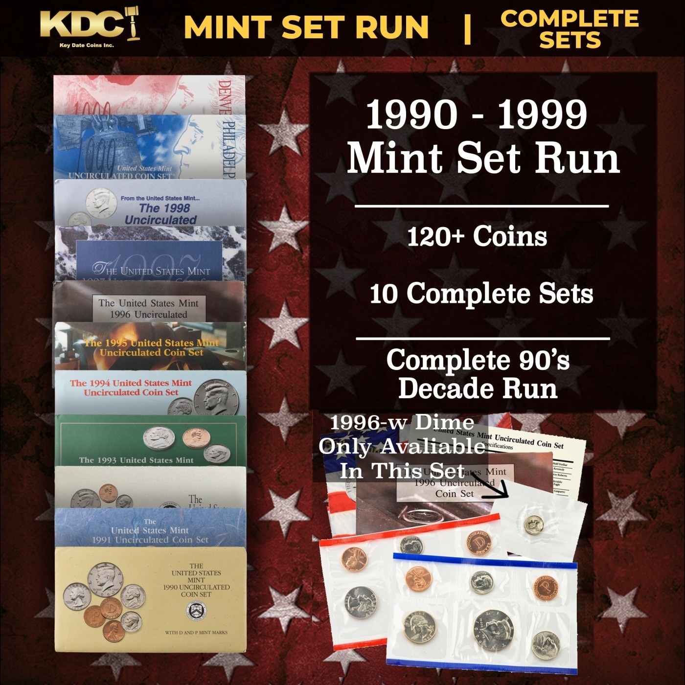 1990-1999 Decade US Mint Set Run - 120+ Coins, 10 Sets Including 96-w Dime OGP