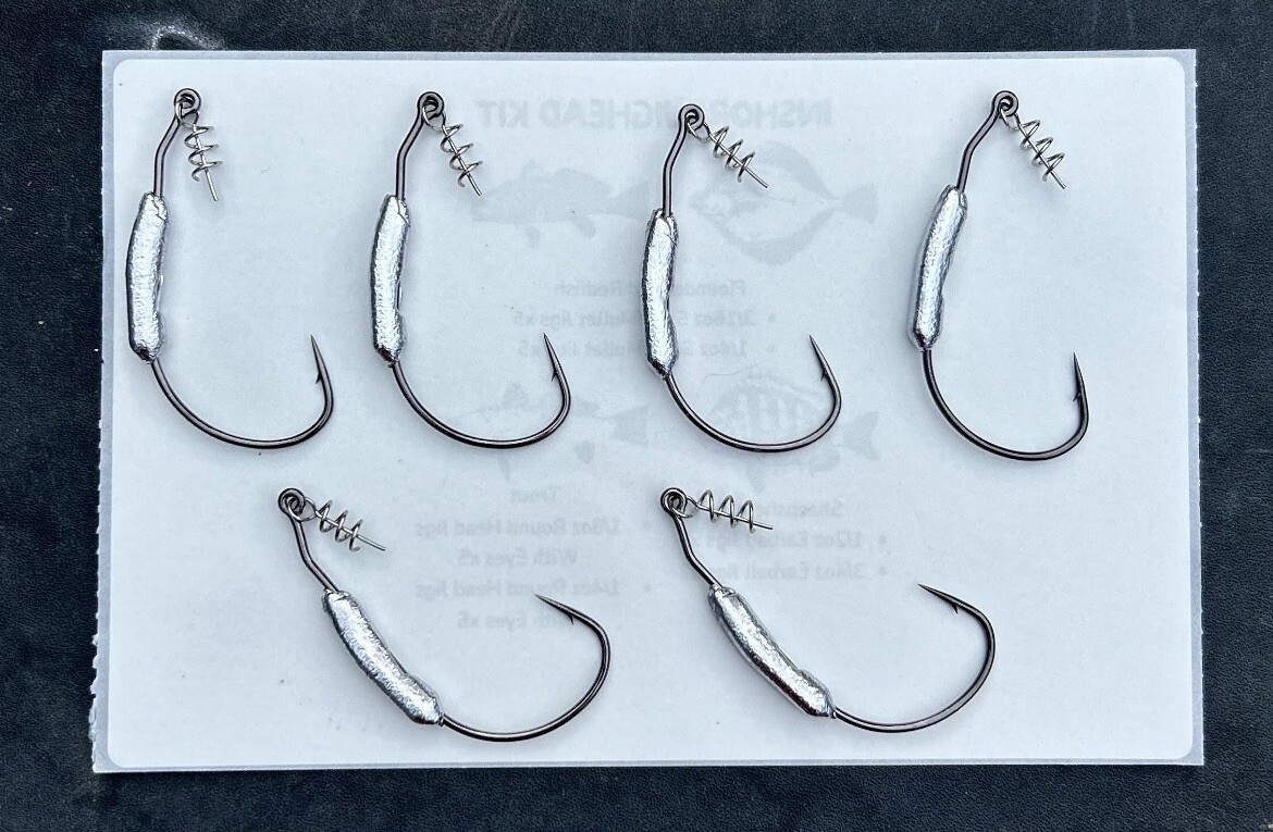 6 Pack Of Flutter/Weighted Swim Bait Hooks With Centering Pin Spring
