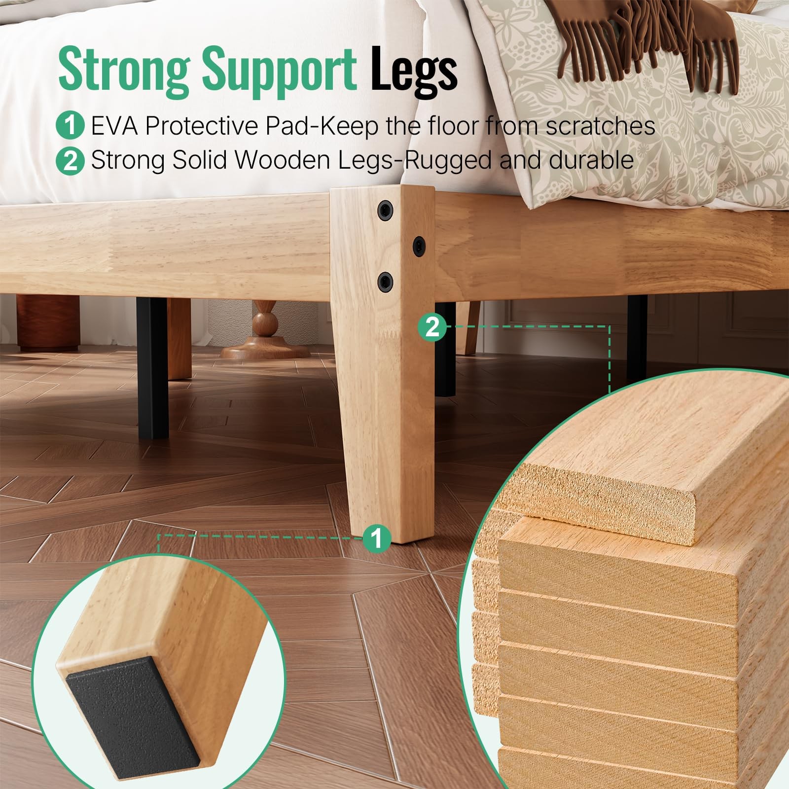 Full Size Solid Wood Platform Bed with Led Light - Noise-Free Design with Met...